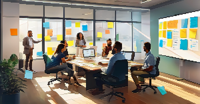 A diverse team of professionals in a bright office discussing Agile methodologies, surrounded by post-it notes and a laptop showing design work.
