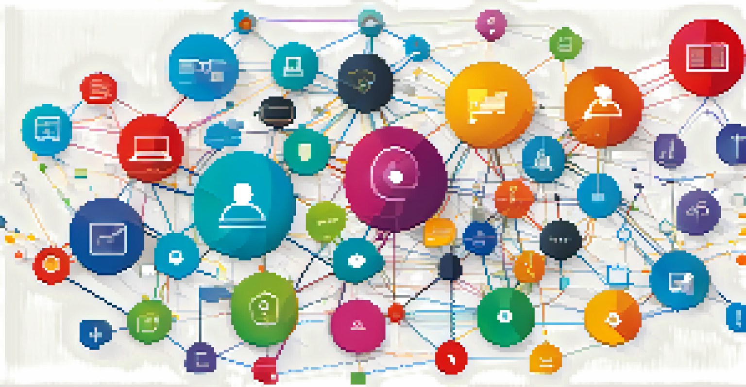 A digital representation of knowledge management tools with interconnected nodes and icons for collaboration, set against a sleek background.