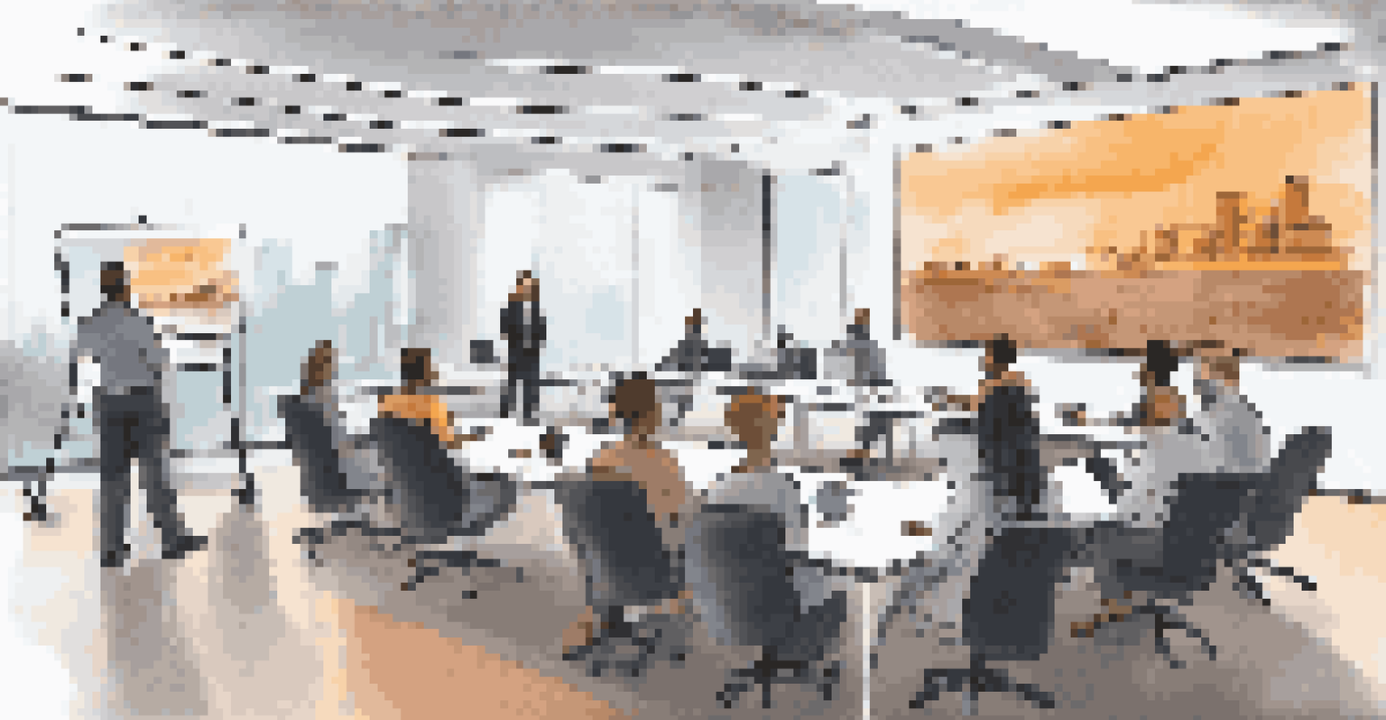 Employees engaged in a cybersecurity training session about robotic process automation in a modern conference room.