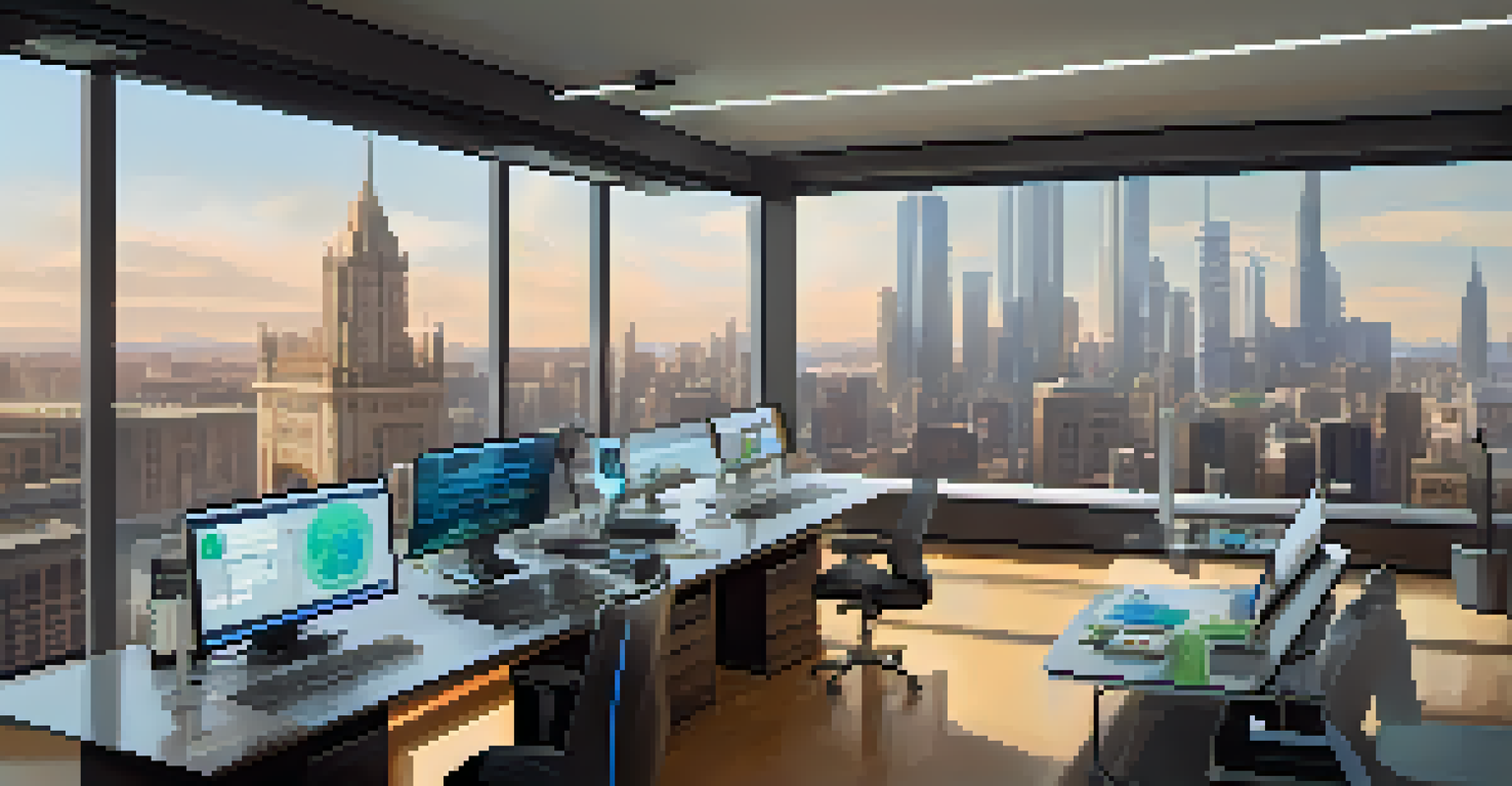 A futuristic workspace with automated monitoring tools and a digital dashboard showing alerts, alongside a robotic assistant.