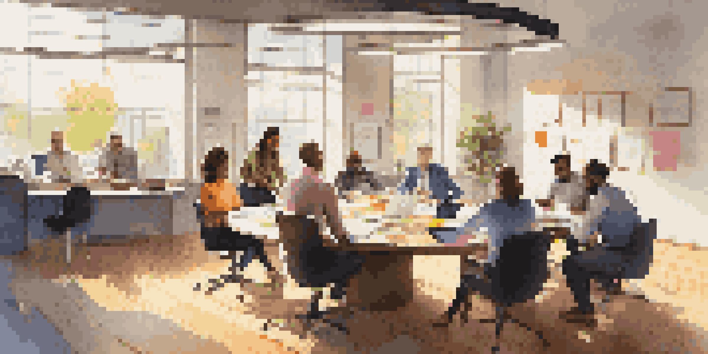 A diverse team of professionals collaborating around a round table in a bright modern office, with laptops and colorful sticky notes.