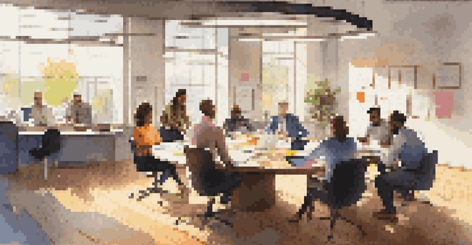 A diverse team of professionals collaborating around a round table in a bright modern office, with laptops and colorful sticky notes.