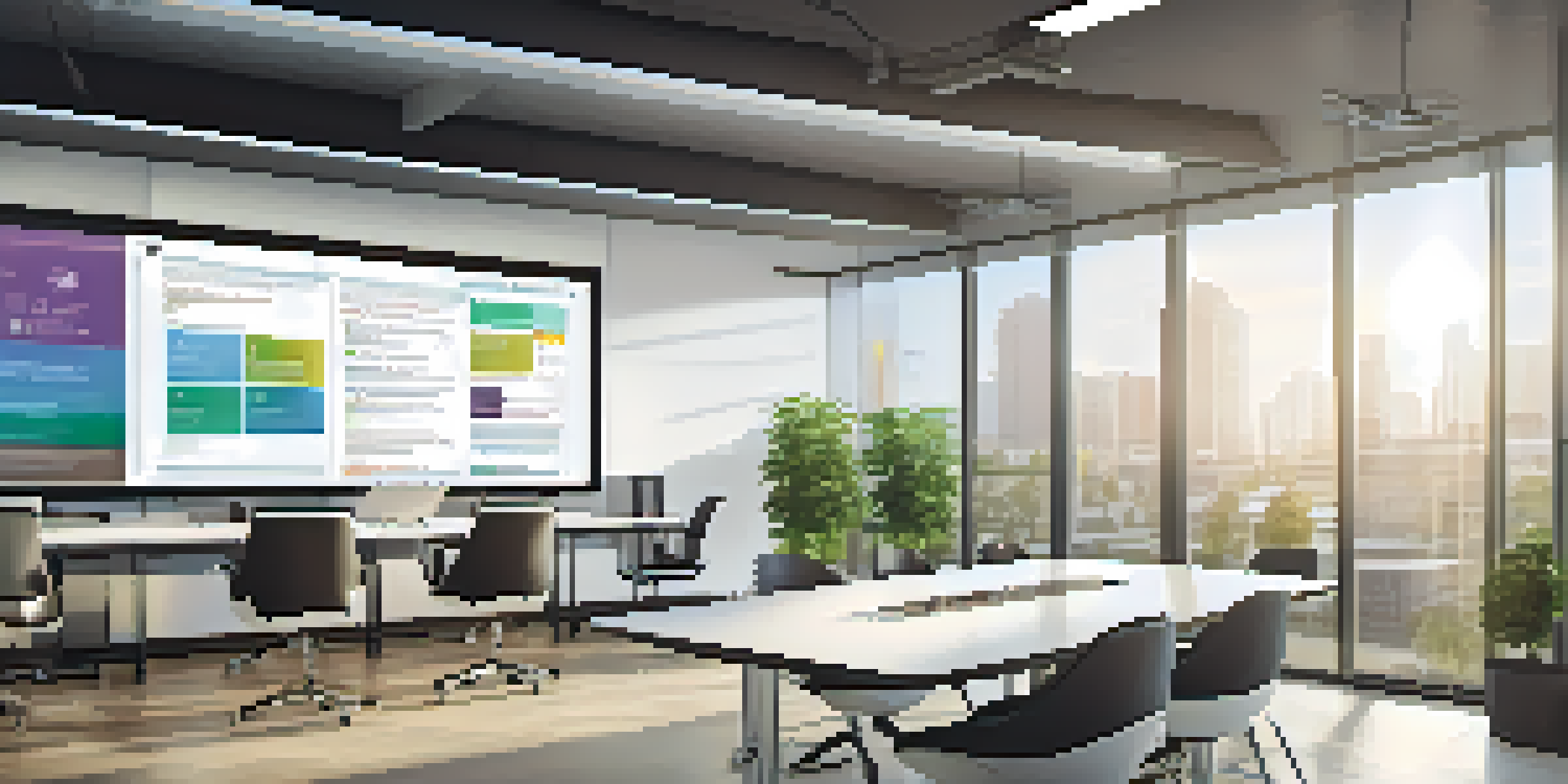 A bright and modern office with a digital display of a Knowledge Management System, employees collaborating around a conference table, and motivational posters on the walls.