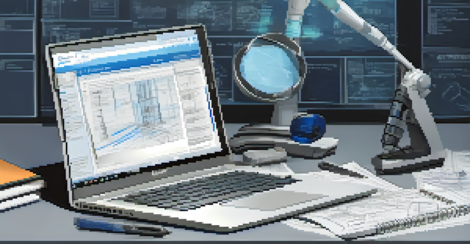 A close-up of a forensic examination workstation with a laptop and notes.