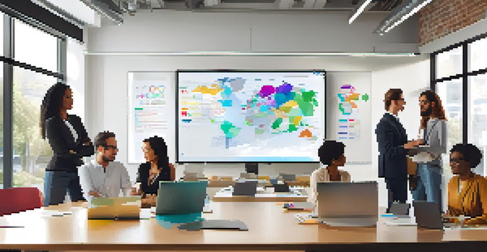 A diverse group of employees collaborating around a table, discussing data visualizations on a screen in a bright office.
