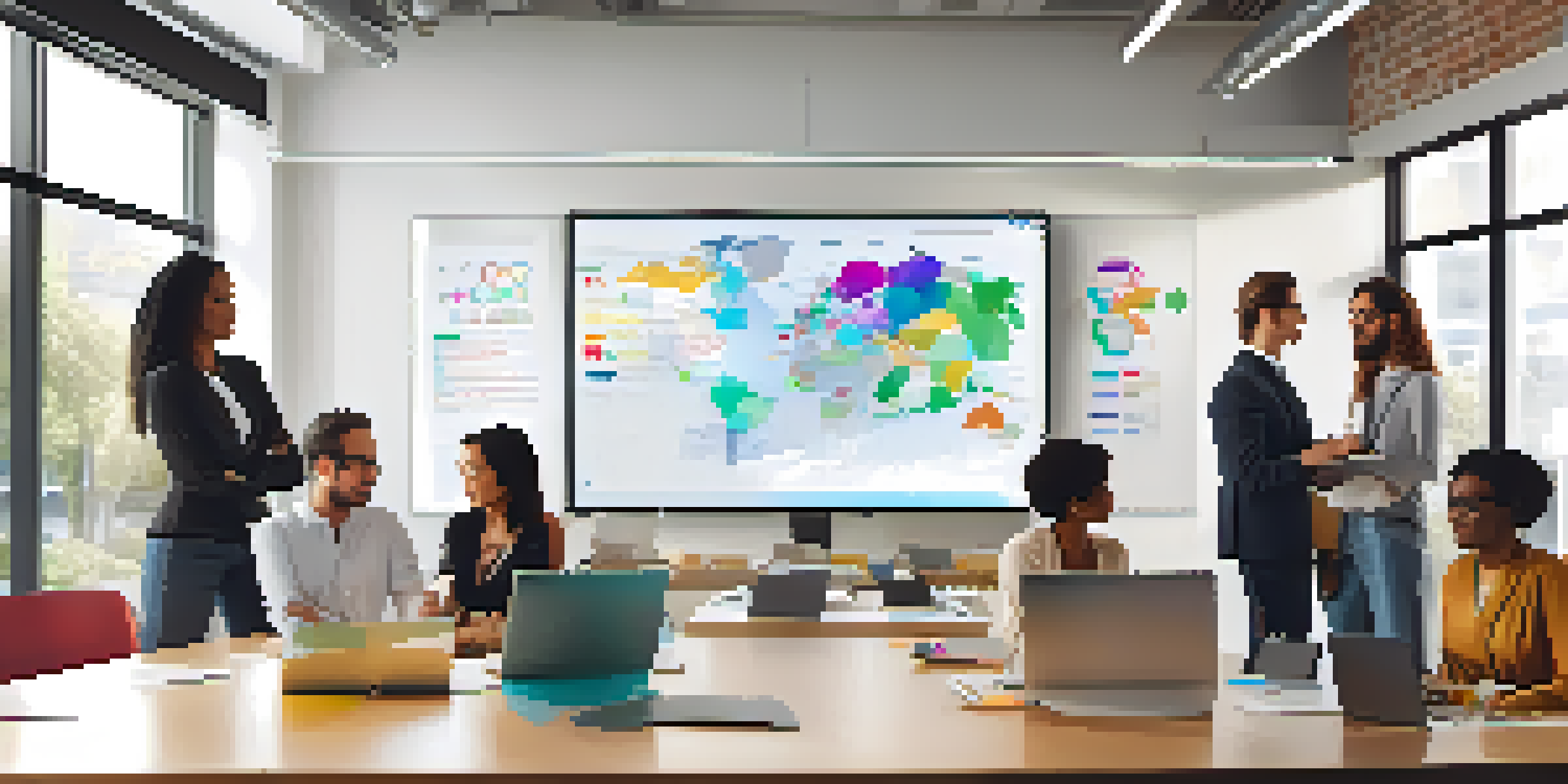 A diverse group of employees collaborating around a table, discussing data visualizations on a screen in a bright office.