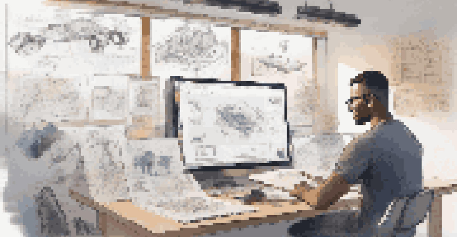 A UX designer at work on AR applications, with sketches, a computer screen showing 3D models, and a bright workspace.