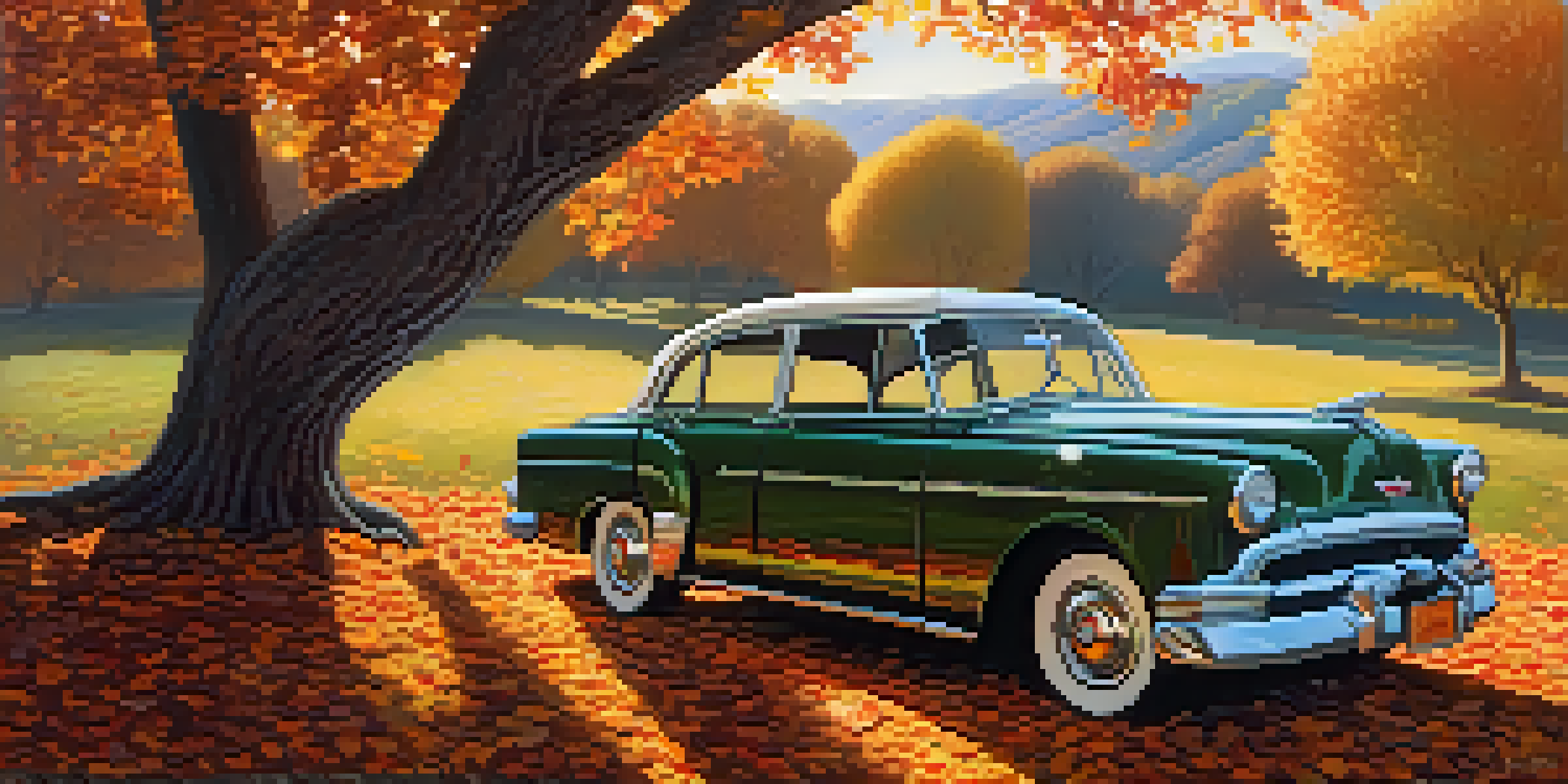 A vintage car parked under an autumn tree with colorful leaves falling around it, sunlight filtering through the branches.