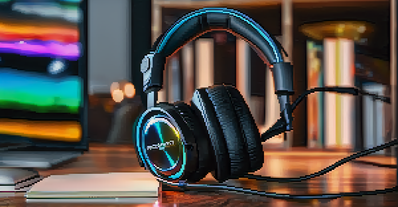 A detailed view of a modern gaming headset on a desk, with a gaming setup in the background.