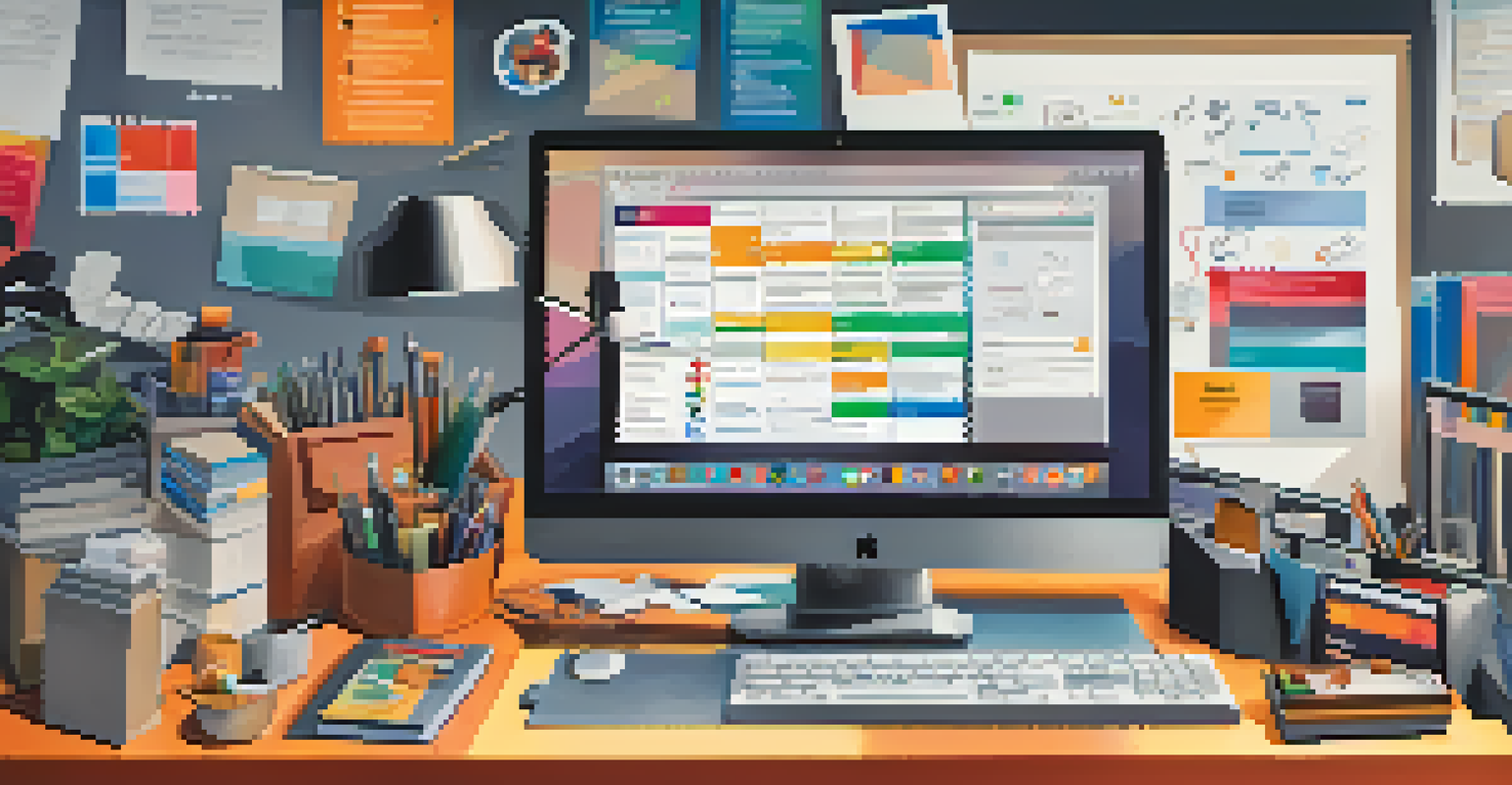 A digital toolbox with icons of collaboration tools surrounded by professionals in an office setting.