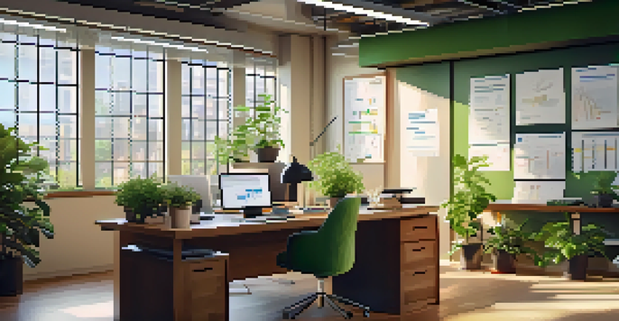 A bright office workspace with a wooden desk, computer, data reports, and a green plant, illuminated by natural light.