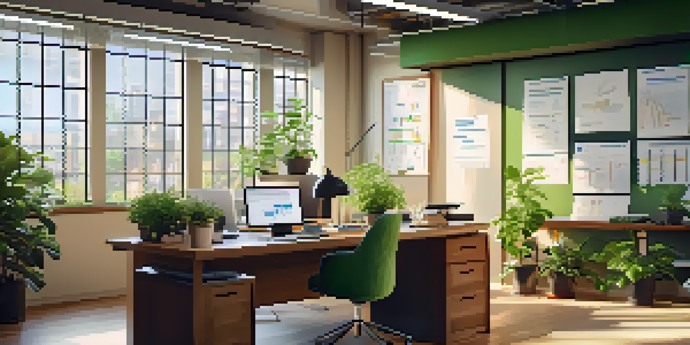 A bright office workspace with a wooden desk, computer, data reports, and a green plant, illuminated by natural light.