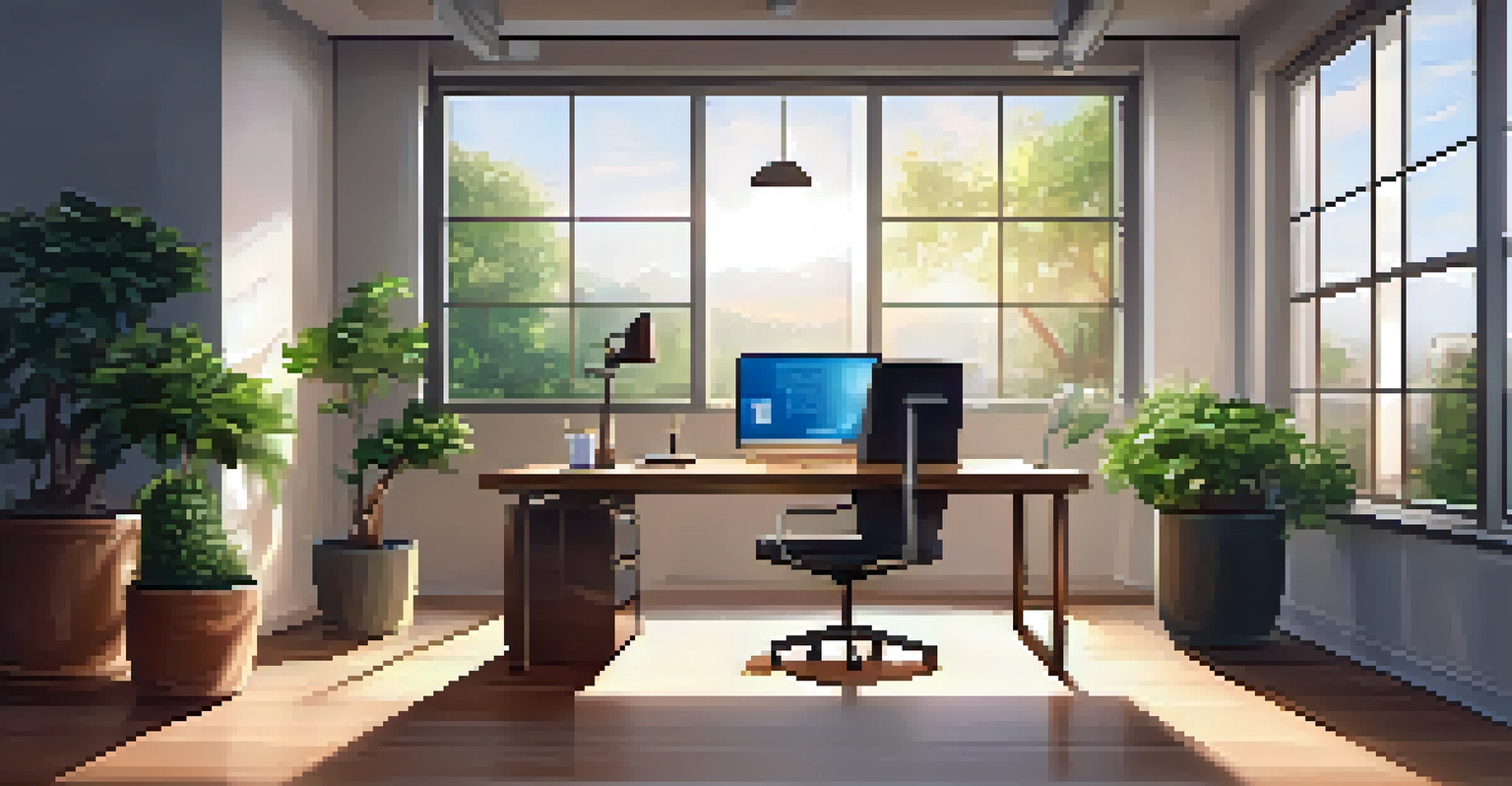 An office desk with a computer showing a secure connection symbol, surrounded by plants and natural light.