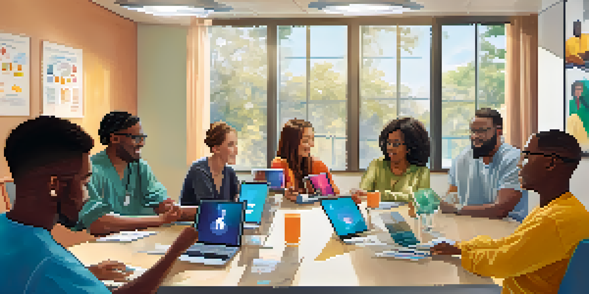 A group of diverse patients participating in a digital health literacy workshop, surrounded by laptops and colorful health posters.
