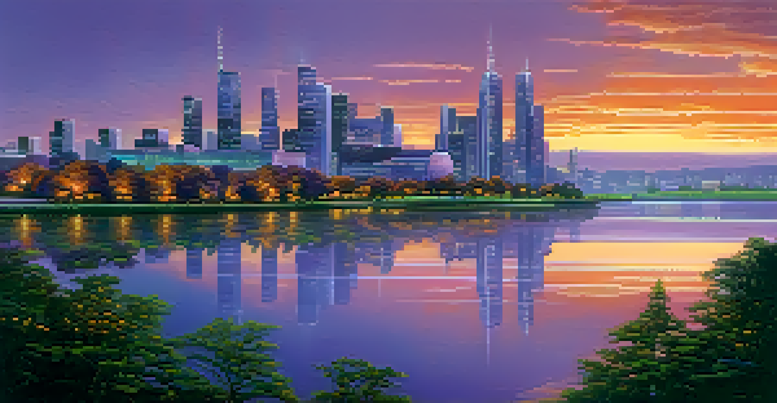 A futuristic city skyline at dusk with glowing buildings reflecting in a river, surrounded by greenery.