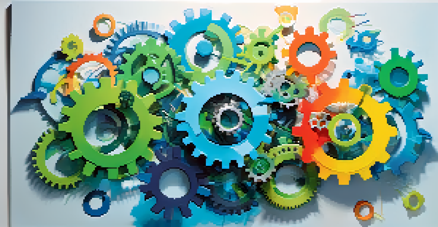 An abstract illustration of Agile methodology with colorful gears and arrows representing flexibility and rapid response.