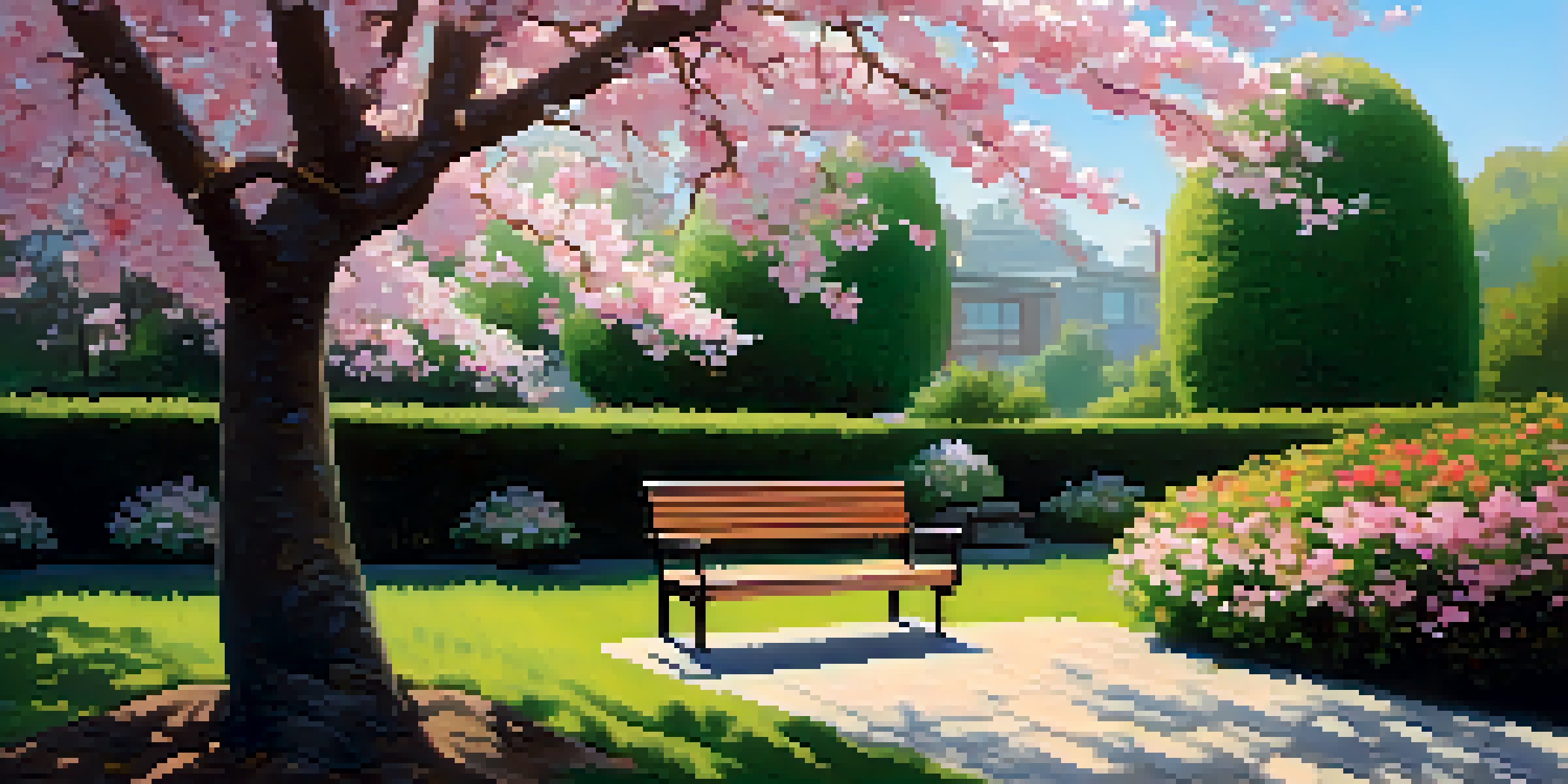 A vibrant garden filled with colorful flowers, green plants, and a wooden bench under a cherry blossom tree with sunlight filtering through the leaves.
