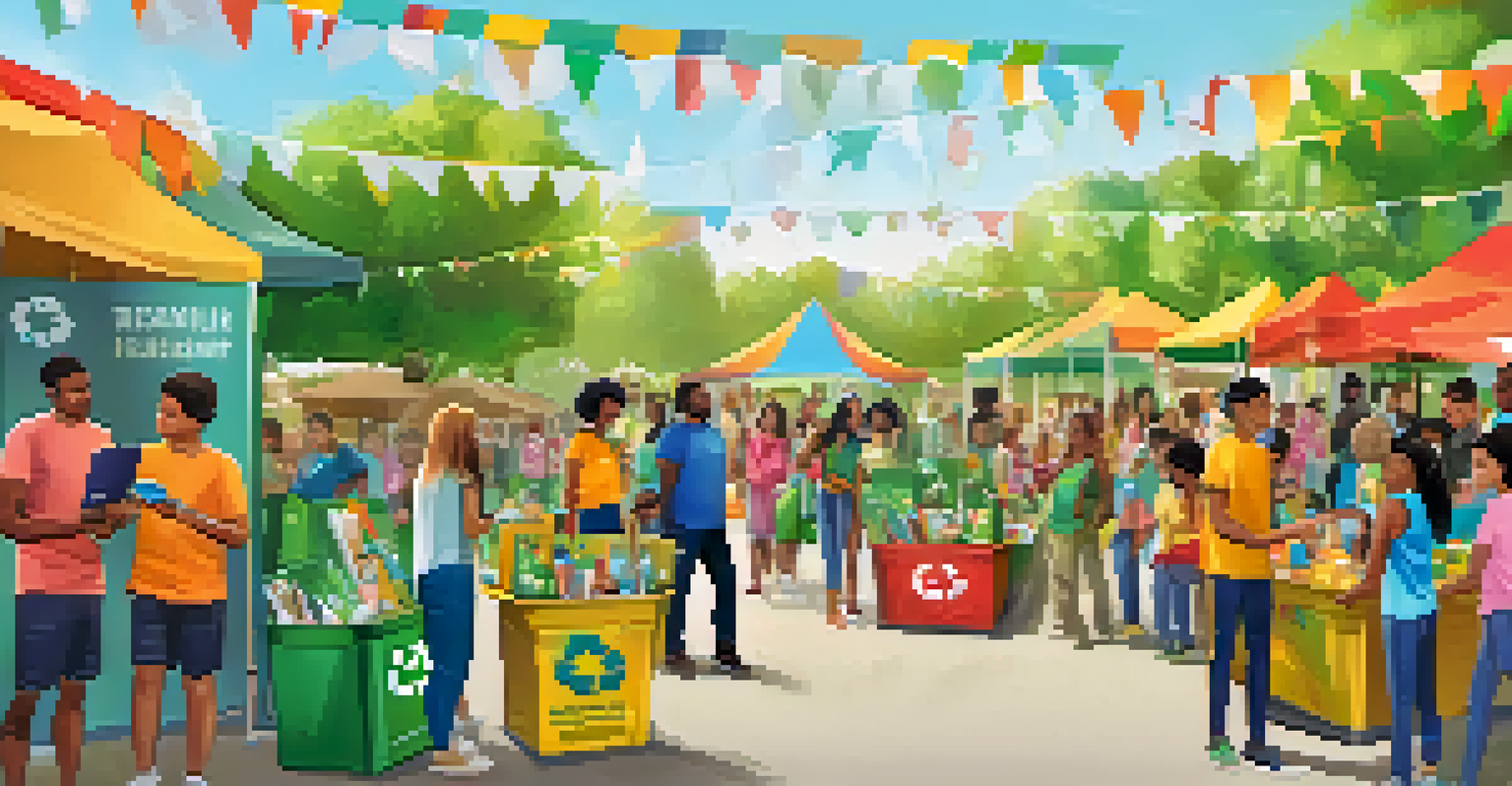 A community event promoting recycling with people interacting with a mobile app and educational materials.