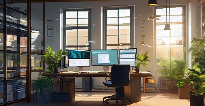 A modern workspace with multiple computer monitors showing open source software, illuminated by soft sunlight.