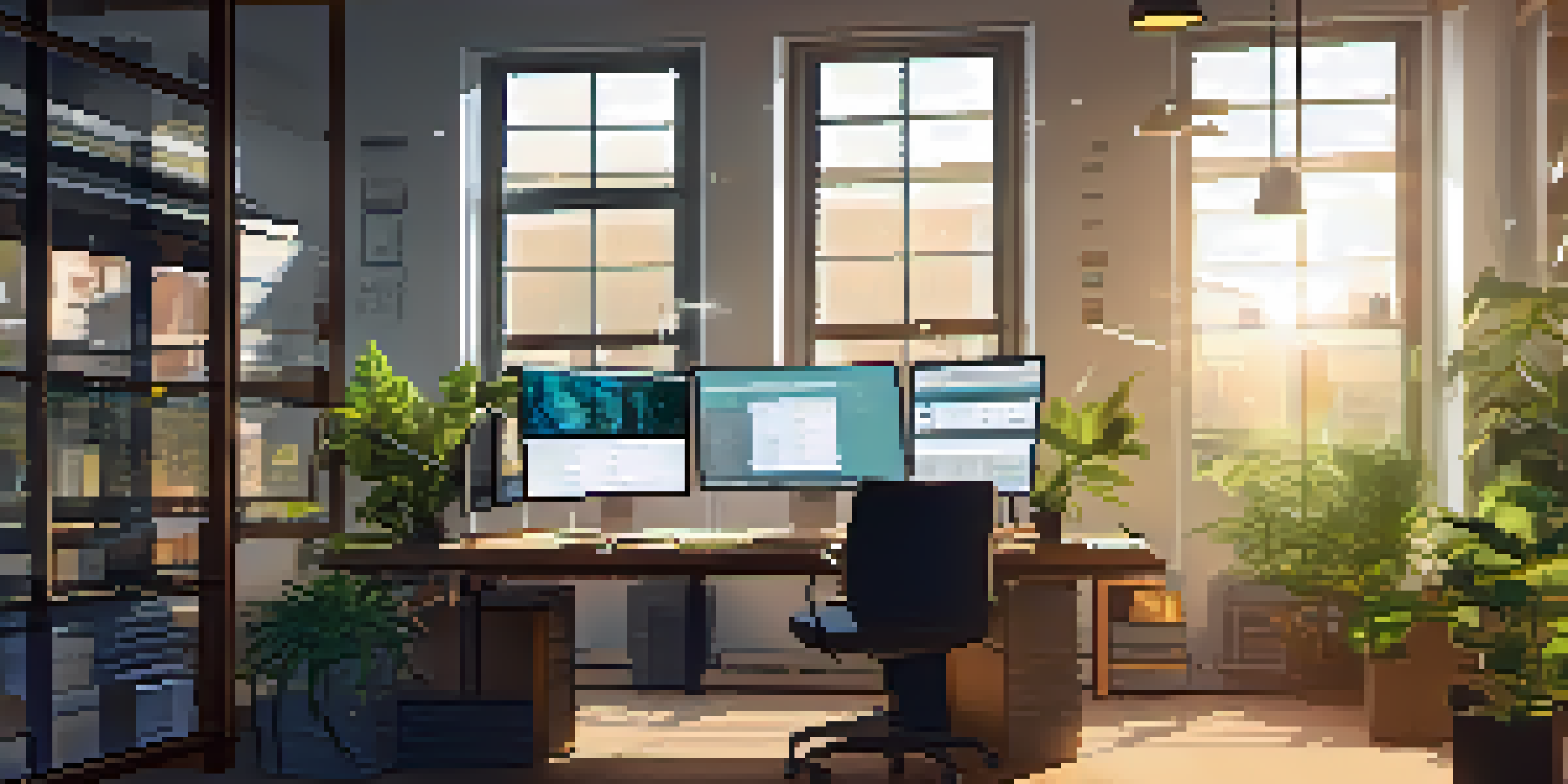 A modern workspace with multiple computer monitors showing open source software, illuminated by soft sunlight.
