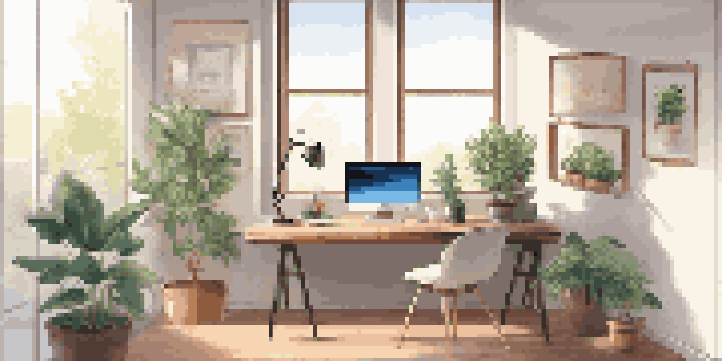 A contemporary office desk with a computer showing a voice user interface, surrounded by a plant and lamp, illuminated by natural light.