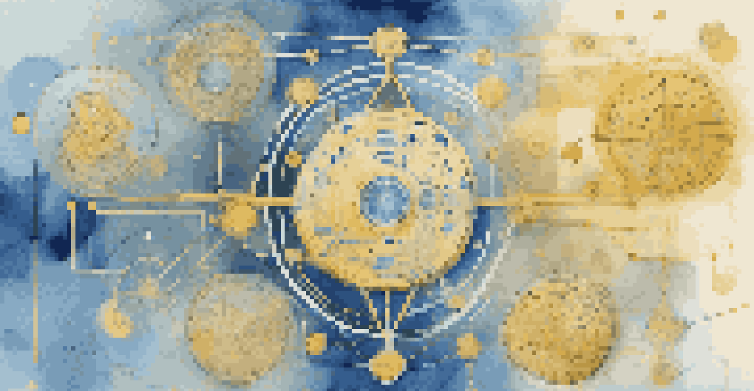 An abstract illustration of AI in finance with interconnected nodes and symbols of money and stocks, against a blue and gold gradient background.