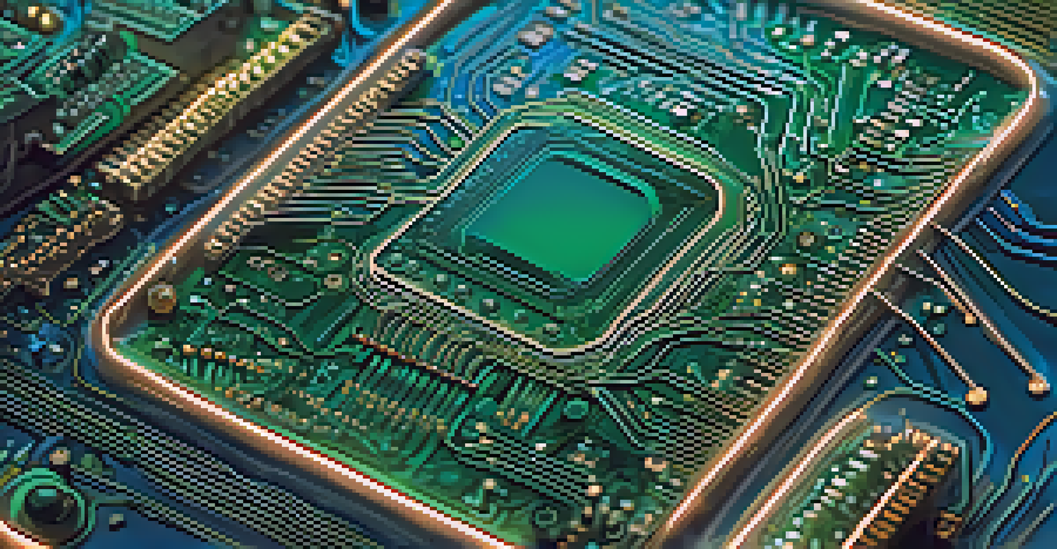 A close-up view of a circuit board with detailed connections and components in shades of green and blue.