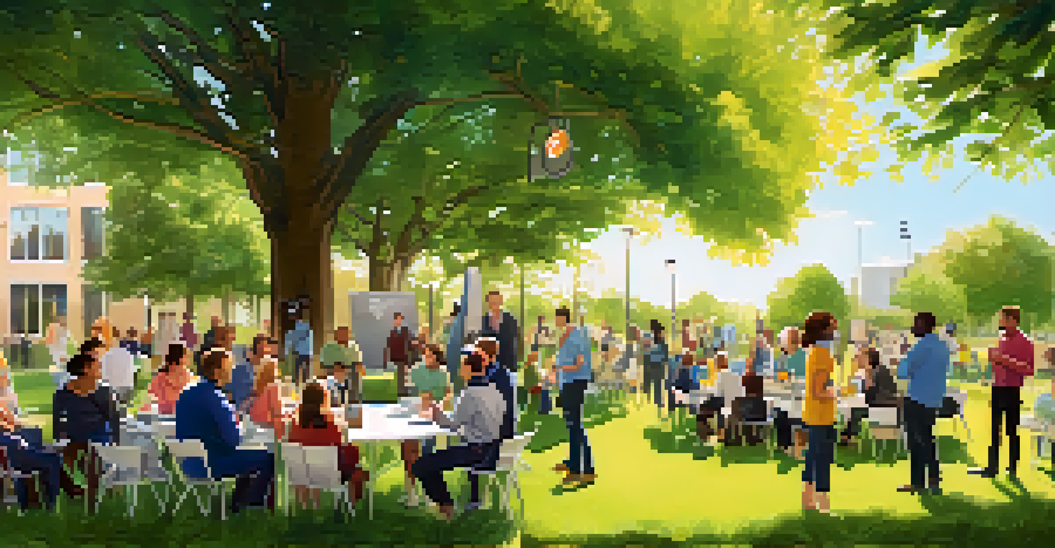 A community event in a park focused on energy efficiency, with people engaging in discussions.