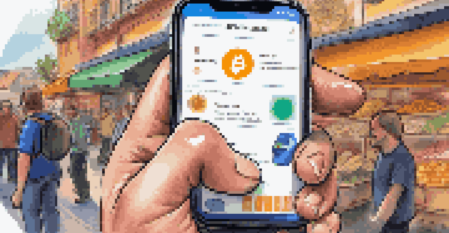 A close-up of a smartphone displaying a cryptocurrency wallet app, set against a lively market background.