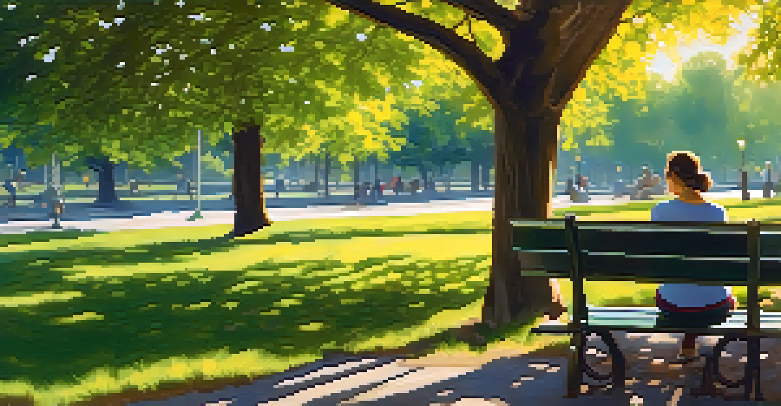 A person reading in a park, with a book and digital tablet, surrounded by lush trees and sunlight.