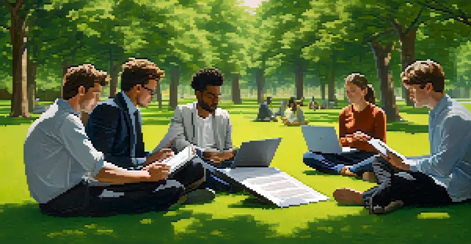 Young professionals discussing sustainable development using laptops in a peaceful outdoor setting.