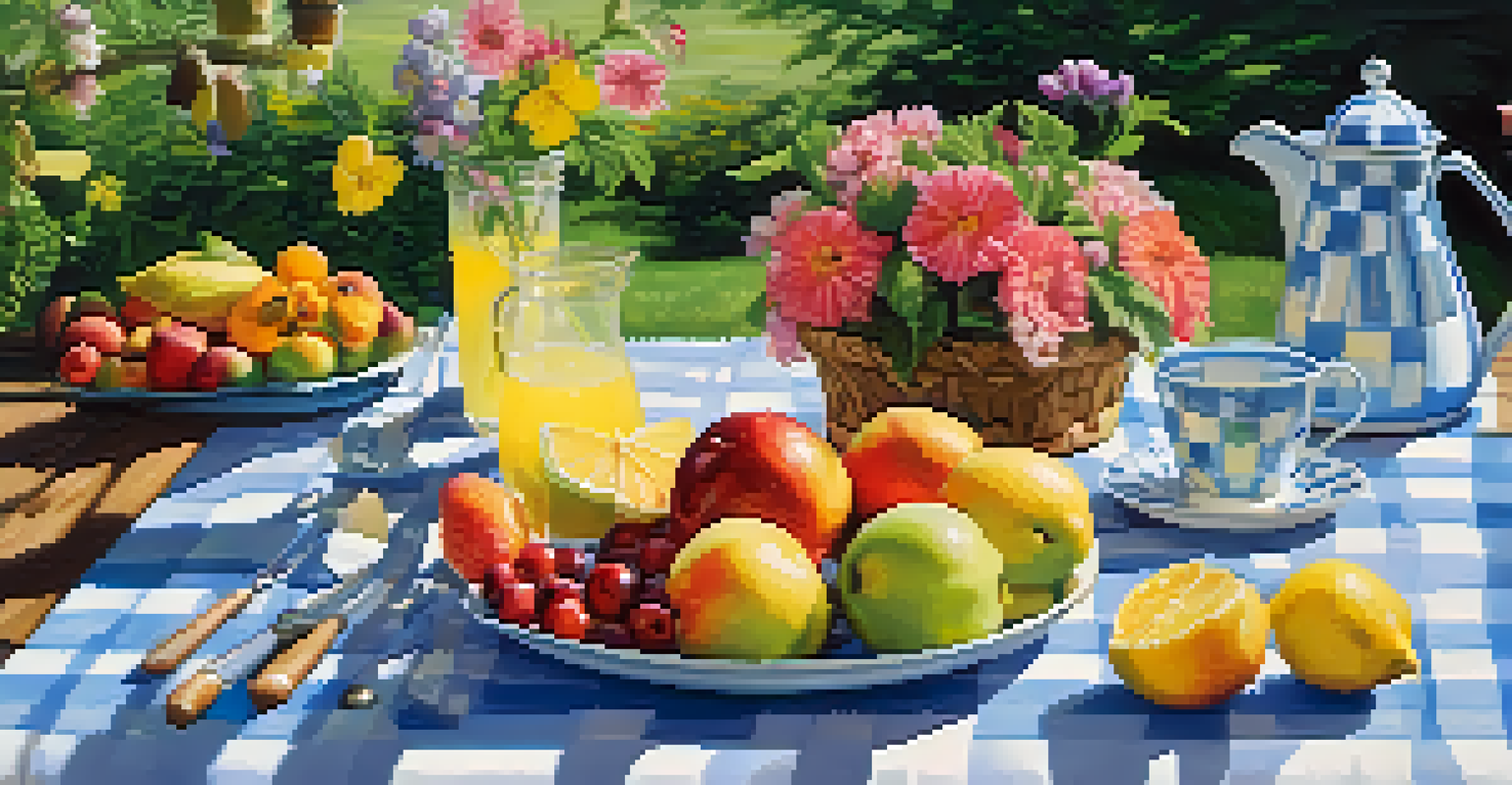 A vibrant spring garden with a picnic table set for a meal, surrounded by colorful flowers and butterflies.