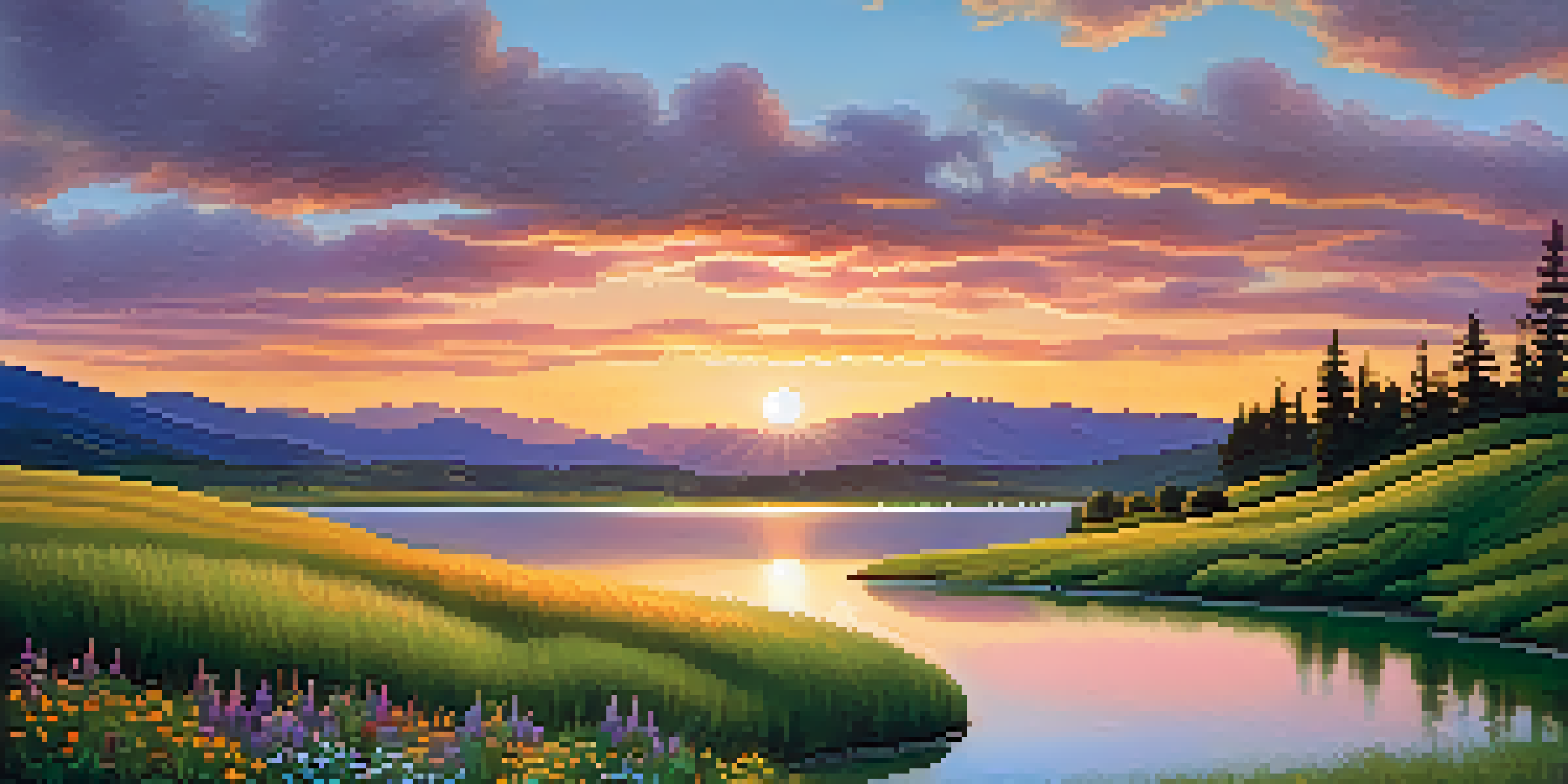 A picturesque sunset landscape with rolling hills, a calm lake, and wildflowers in the foreground.