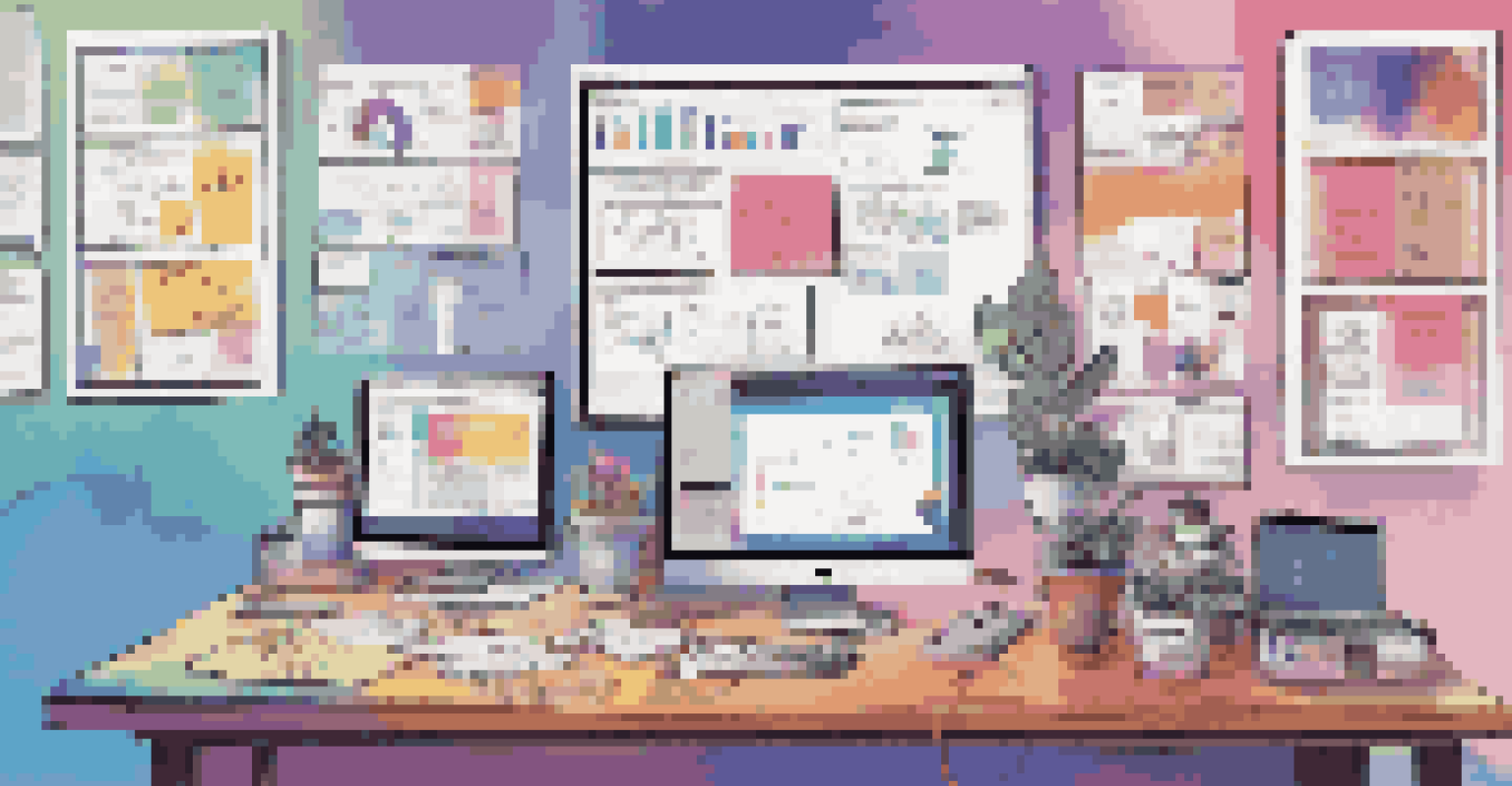 A vibrant digital workspace with multiple screens, notebooks, and a steaming mug of coffee, showcasing content curation tools.