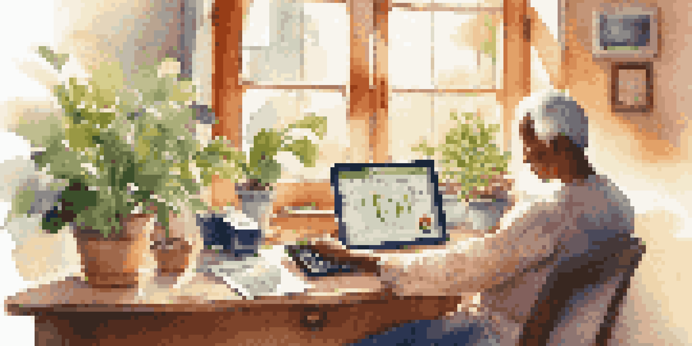 A patient comfortably checking their health data at home using a tablet, with a blood pressure monitor nearby and sunlight streaming through a window.