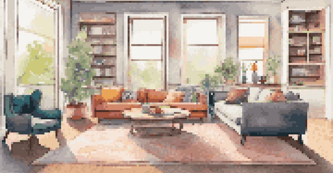 A modern living room with a sofa and coffee table, showcasing augmented reality furniture options in a bright environment.