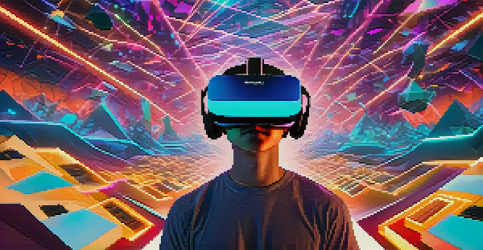 A person wearing a virtual reality headset in a colorful digital environment with floating geometric shapes and light trails.