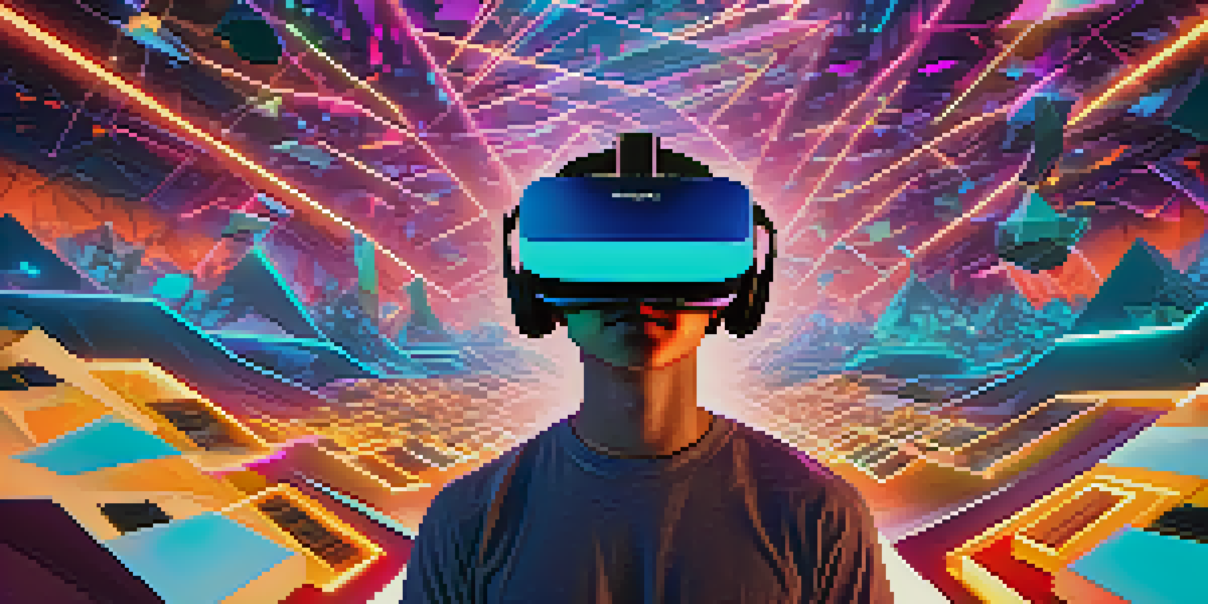 A person wearing a virtual reality headset in a colorful digital environment with floating geometric shapes and light trails.