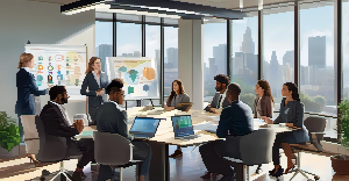 A diverse group of professionals discussing ethical AI practices in a modern office, showcasing teamwork and inclusivity.