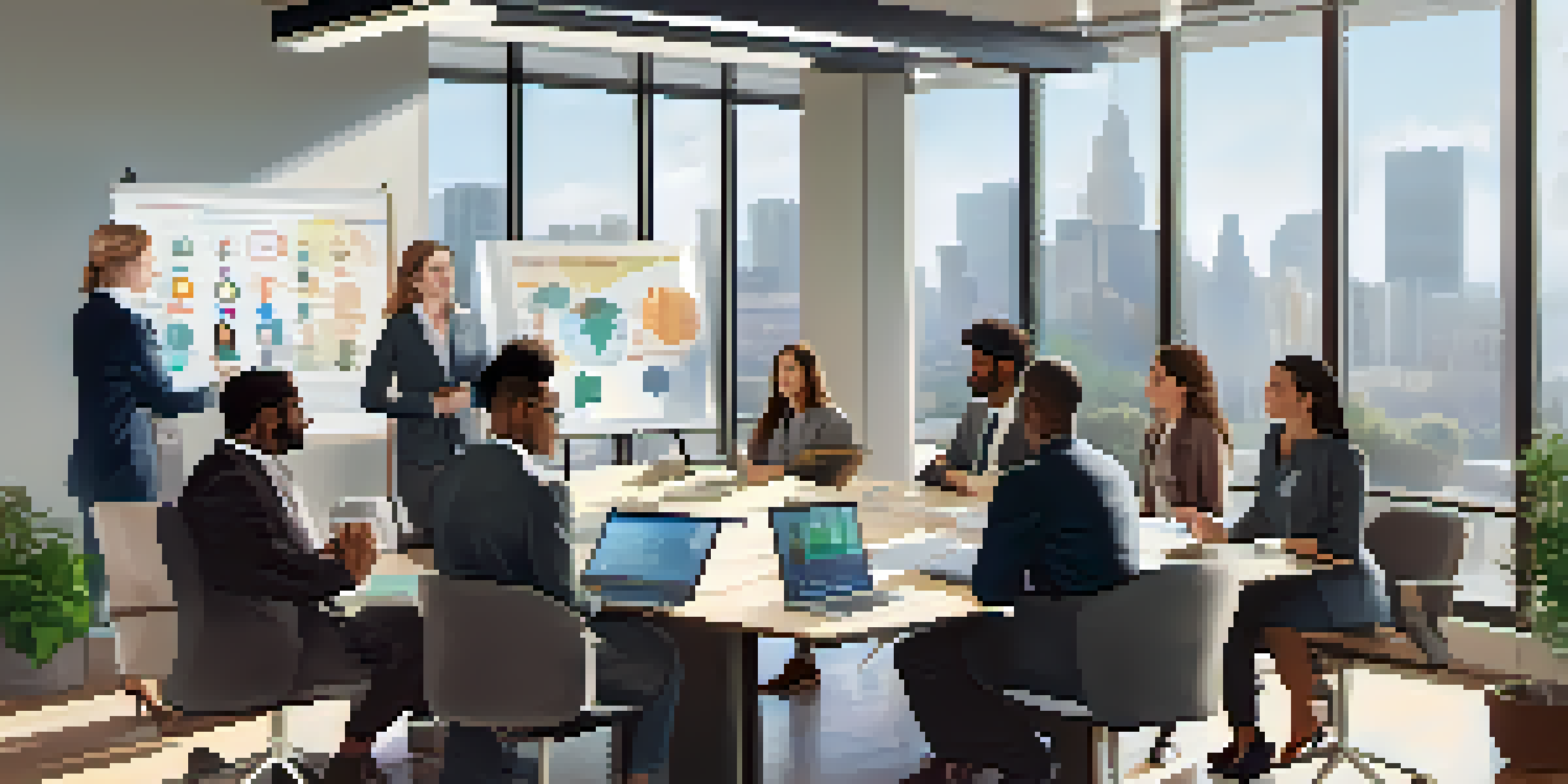 A diverse group of professionals discussing ethical AI practices in a modern office, showcasing teamwork and inclusivity.