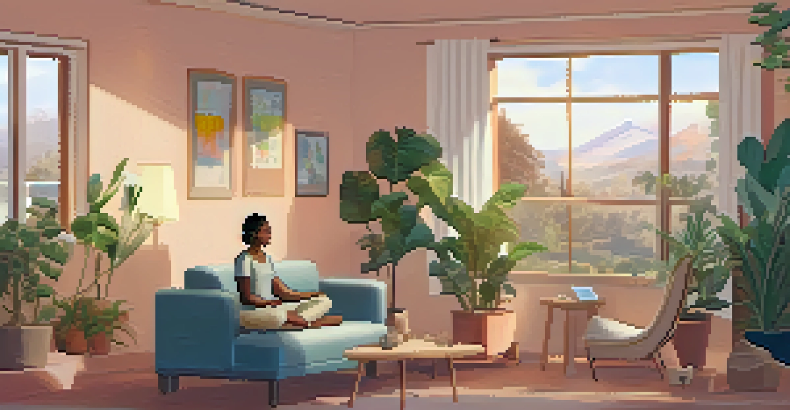 A user engaged in a virtual therapy session with a therapist displayed on a computer screen in a calming room.