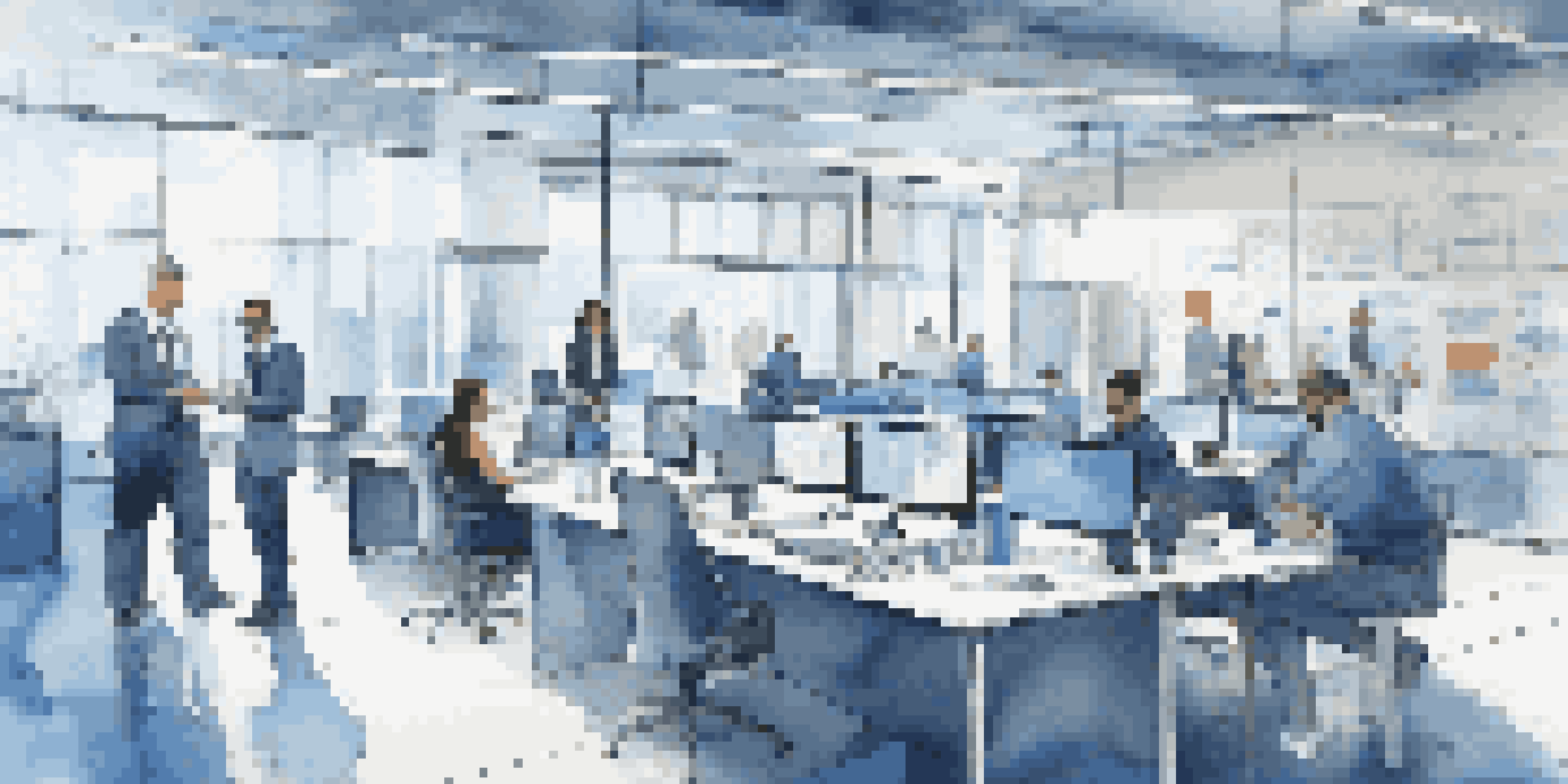 A diverse group of business professionals collaborating in a modern office, with digital screens showing data analytics and inventory management.