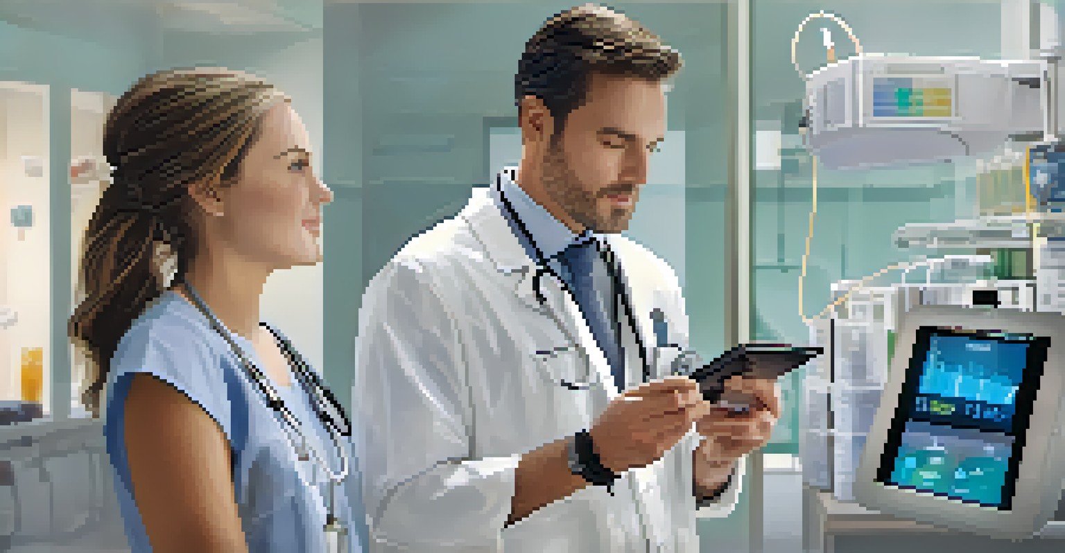 A patient with a wearable health monitor and a healthcare professional reviewing data on a tablet.