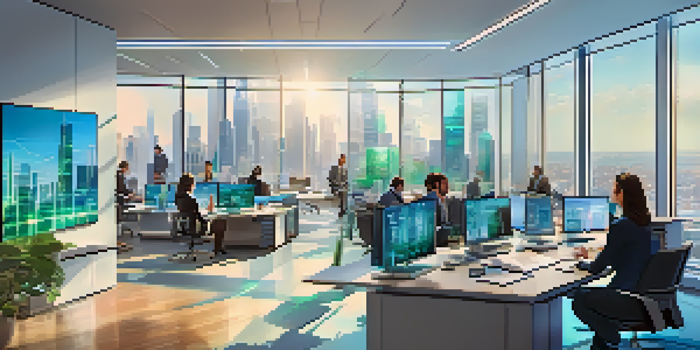 A bright and modern office where diverse professionals are collaborating on risk assessment, with laptops and digital screens displaying data analytics.