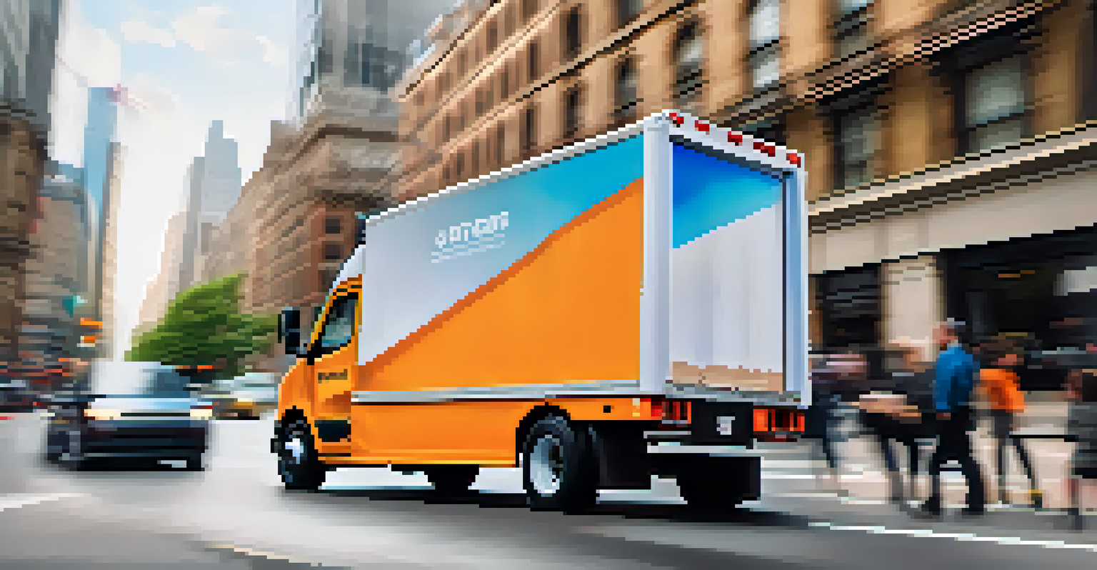 A delivery truck equipped with GPS and IoT sensors, driving through a bustling urban environment.
