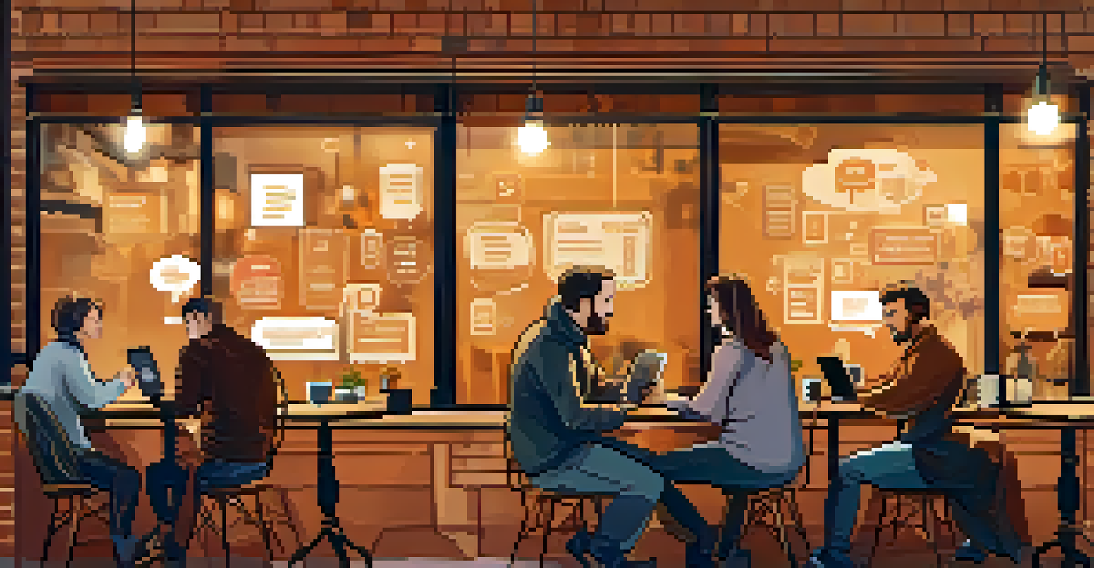 A person using a smartphone to chat with a digital assistant in a lively cafe setting.