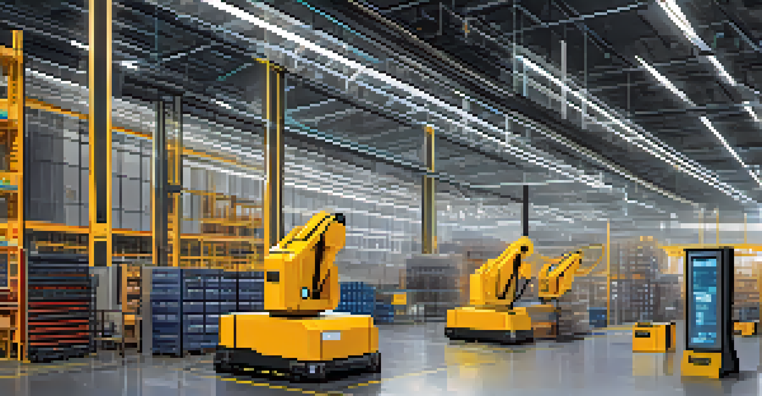 A high-tech warehouse filled with IoT sensors and screens displaying real-time data, showcasing an innovative supply chain environment.