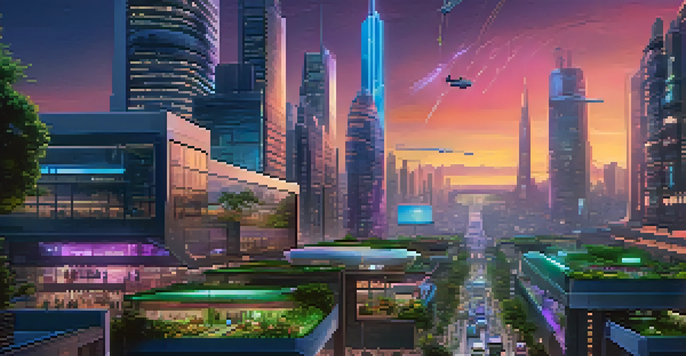 A modern city skyline with illuminated buildings and busy streets featuring electric vehicles and pedestrians engaged with technology.