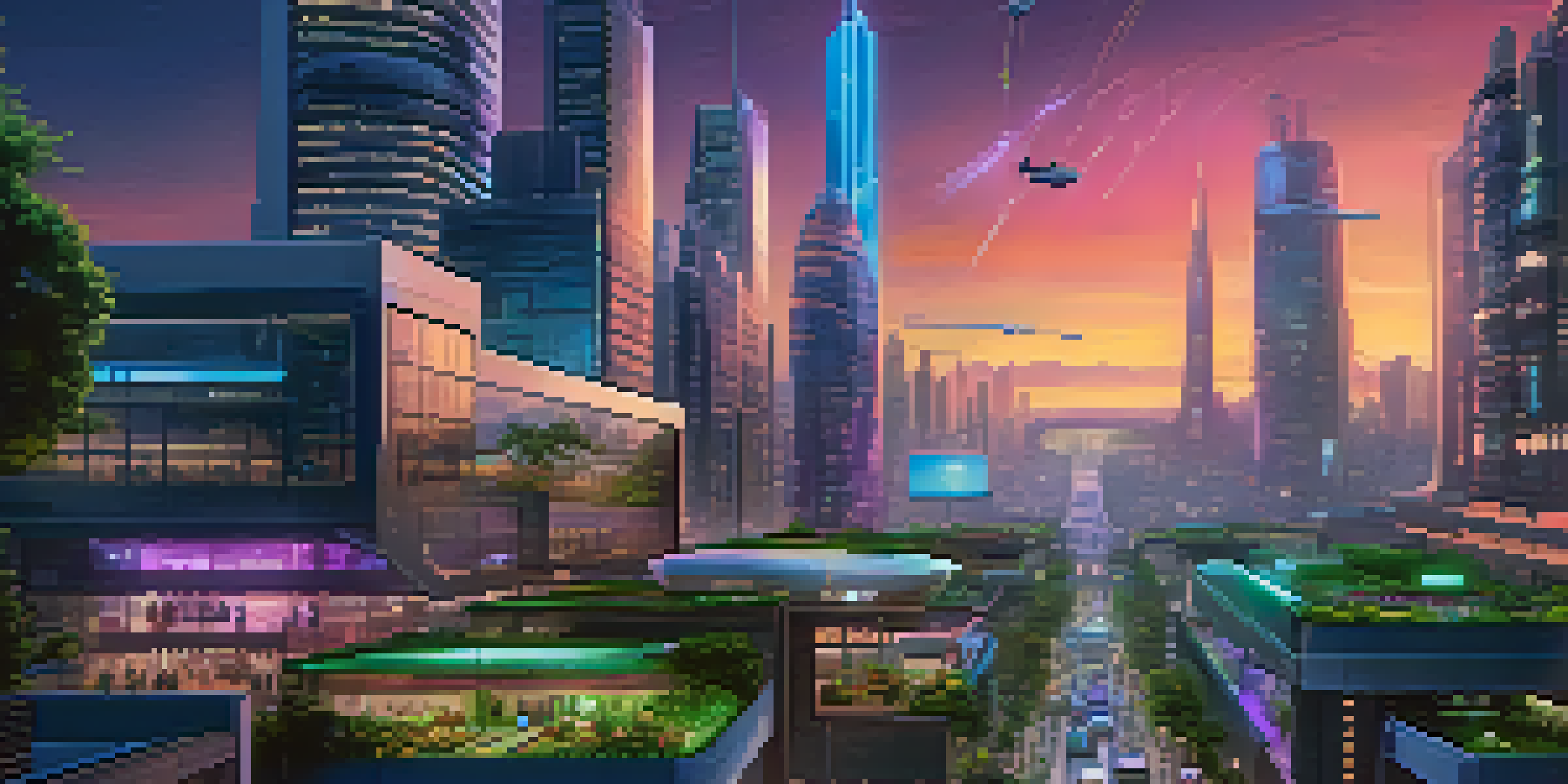 A modern city skyline with illuminated buildings and busy streets featuring electric vehicles and pedestrians engaged with technology.