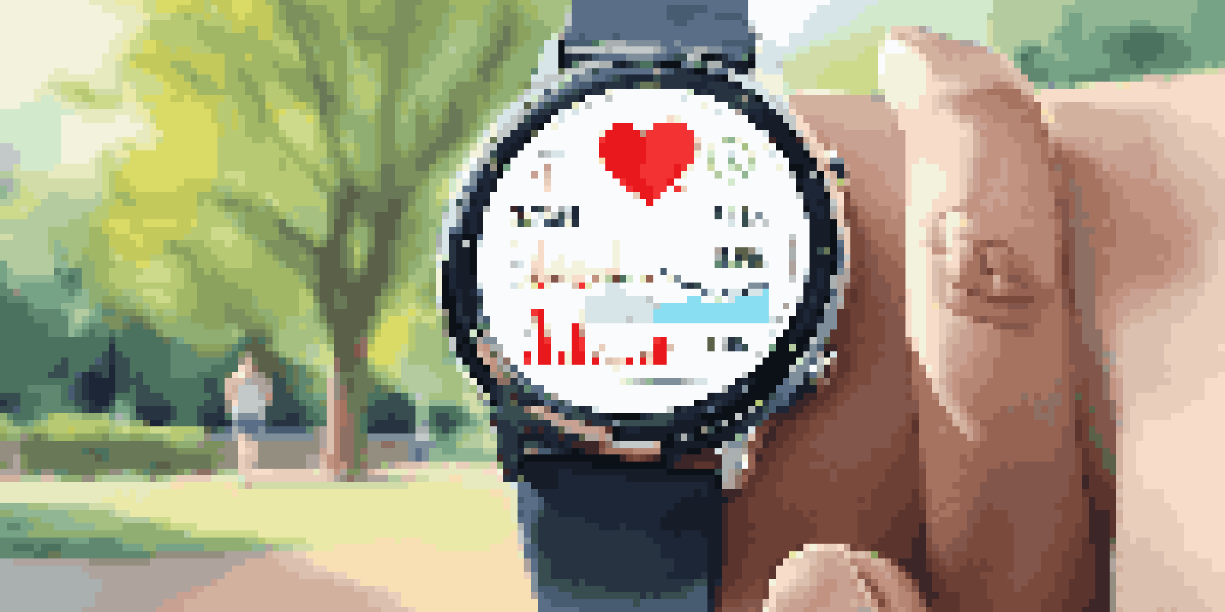A close-up of a smartwatch showing health statistics, with a blurred background of a park.